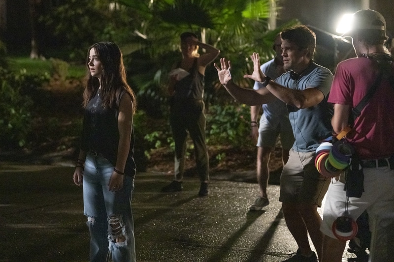 IMAGINARY director Jeff Wadlow and star Taegen Burns on set.