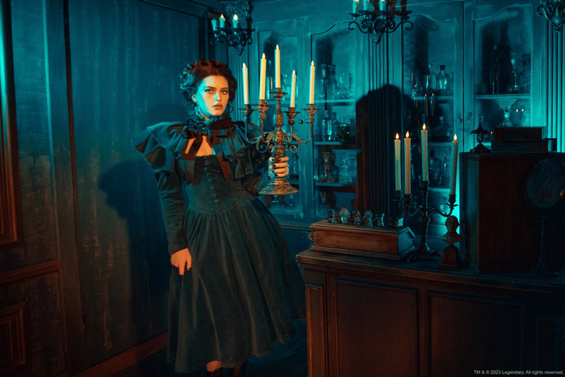 Lady Lucille Victorian Dress with Capelet in Teal. Capelet collar adorned with a custom soutache trim. XS-4X