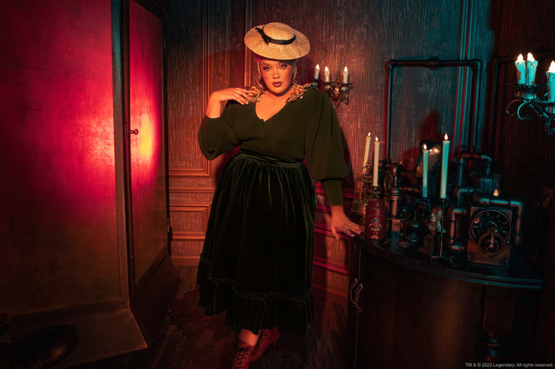 Crimson Peak Edith Victorian Knit Cardigan in Olive with removable velvet brooches. XS-4X