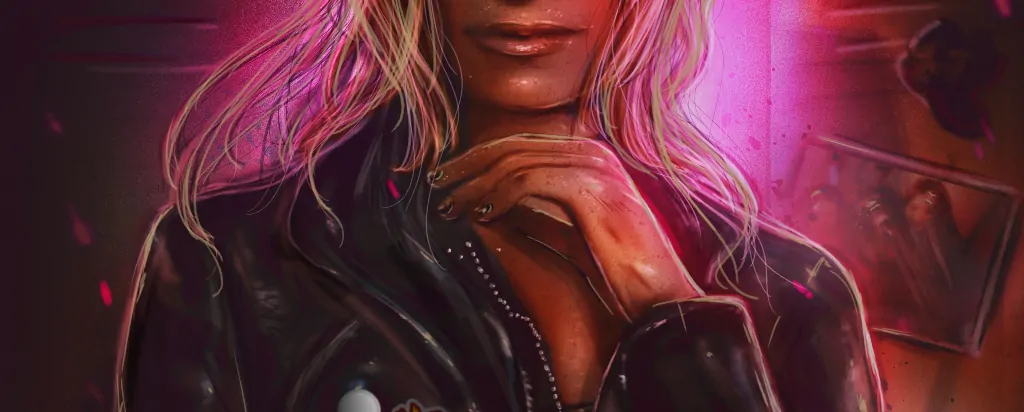 a cropped painterly poster for CAN'T ESCAPE THE MOONLIGHT: a close-up on the lower half of a blonde woman's face, she's wearing a leather jacket and a smirk is meant to be Buffy the Vampire Slayer