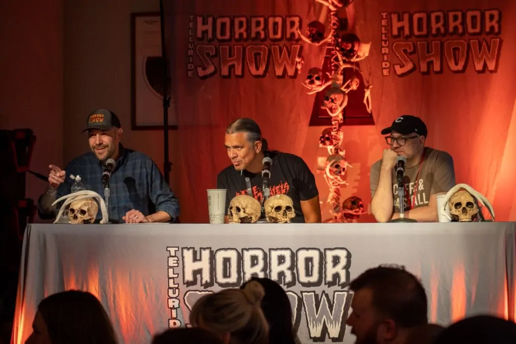 Jeremy Robert Johnson, Stephen Graham Jones and Daniel Kraus on stage at the Telluride Horror Show