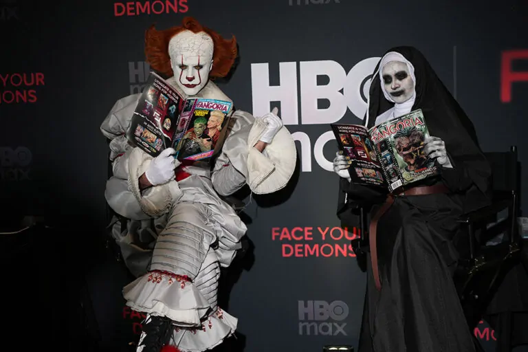 Benton McClintock and FANGORIA contributor Xero Gravity transformed into Pennywise and The Nun (Credit: Robert Ravenscroft)