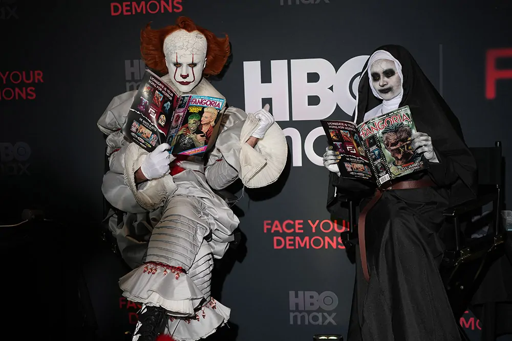 Benton McClintock and FANGORIA contributor Xero Gravity transformed into Pennywise and The Nun (Credit: Robert Ravenscroft)