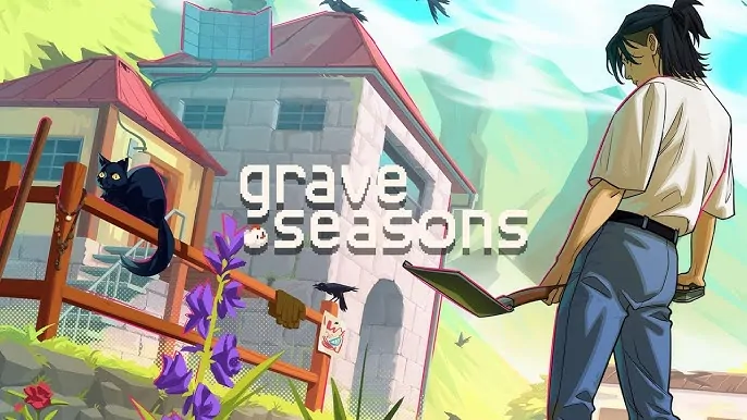 A title card from Perfect Garbage and Blumhouse Games' cozy farming sim GRAVE SEASONS
