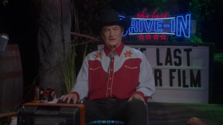 Joe Bob Briggs on the set of the final episode of The Last Drive-In