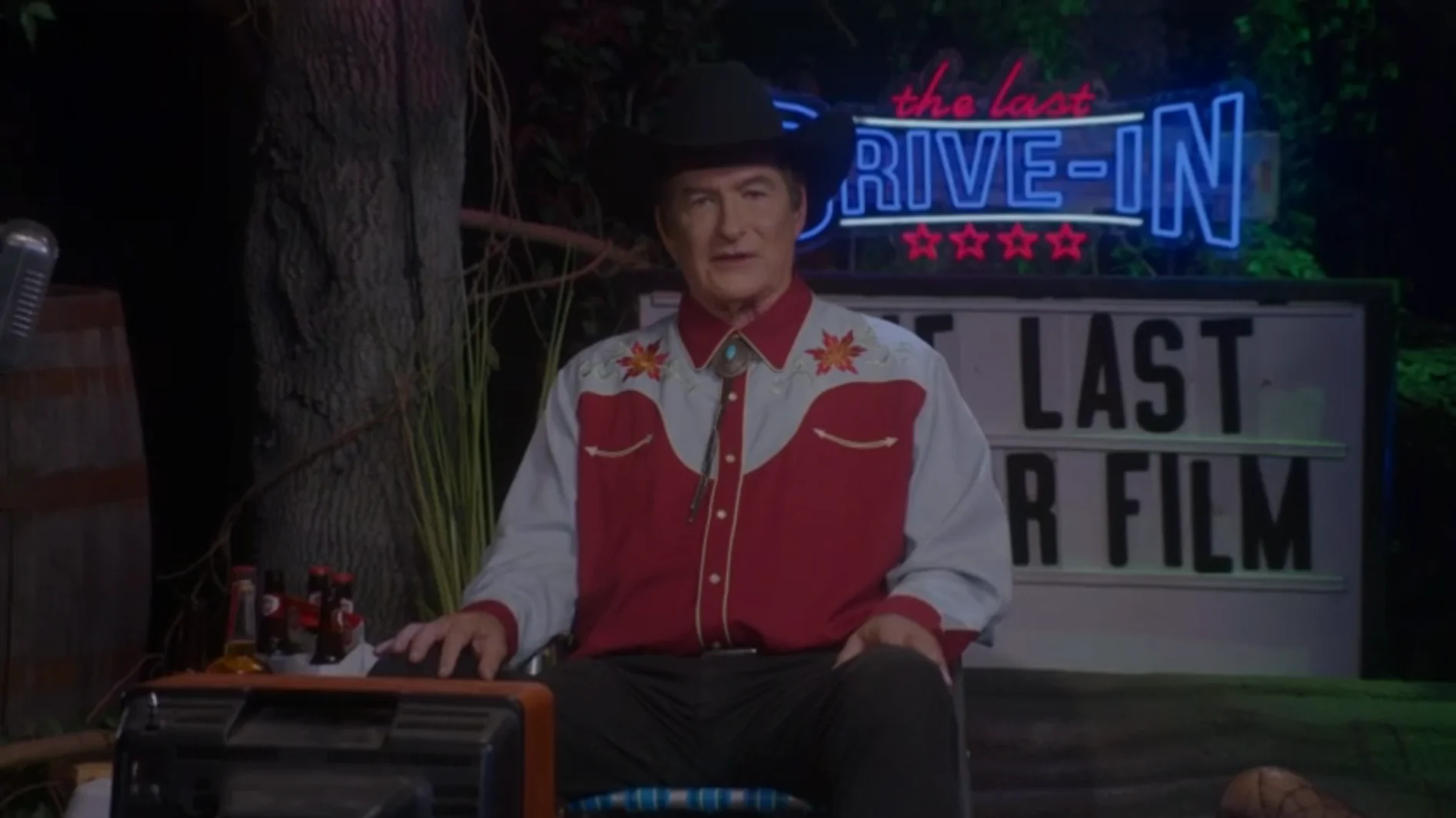 Joe Bob Briggs on the set of the final episode of The Last Drive-In