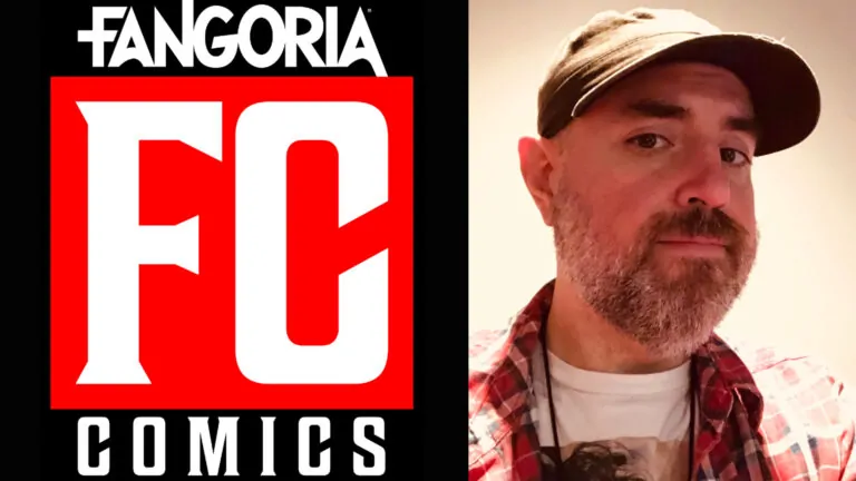 The logo for FANGORIA's new horror comic logo and a headshot of Tony Fleecs