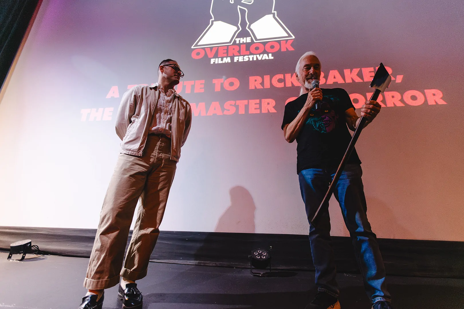 Sam Zimmerman presents the legend Rick Baker with Overlook's 2026 Master of Horror Award