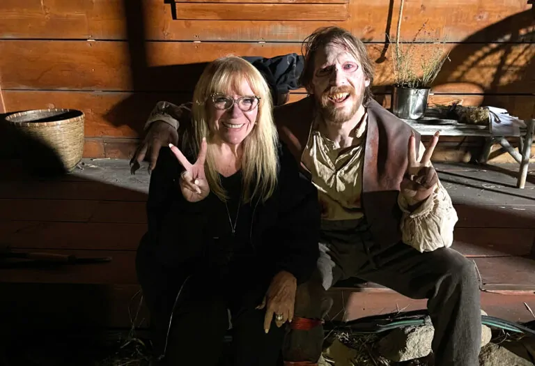 Makeup artist Ve Neill with vampire James Landry Hébert in The Wolf and The Lamb.