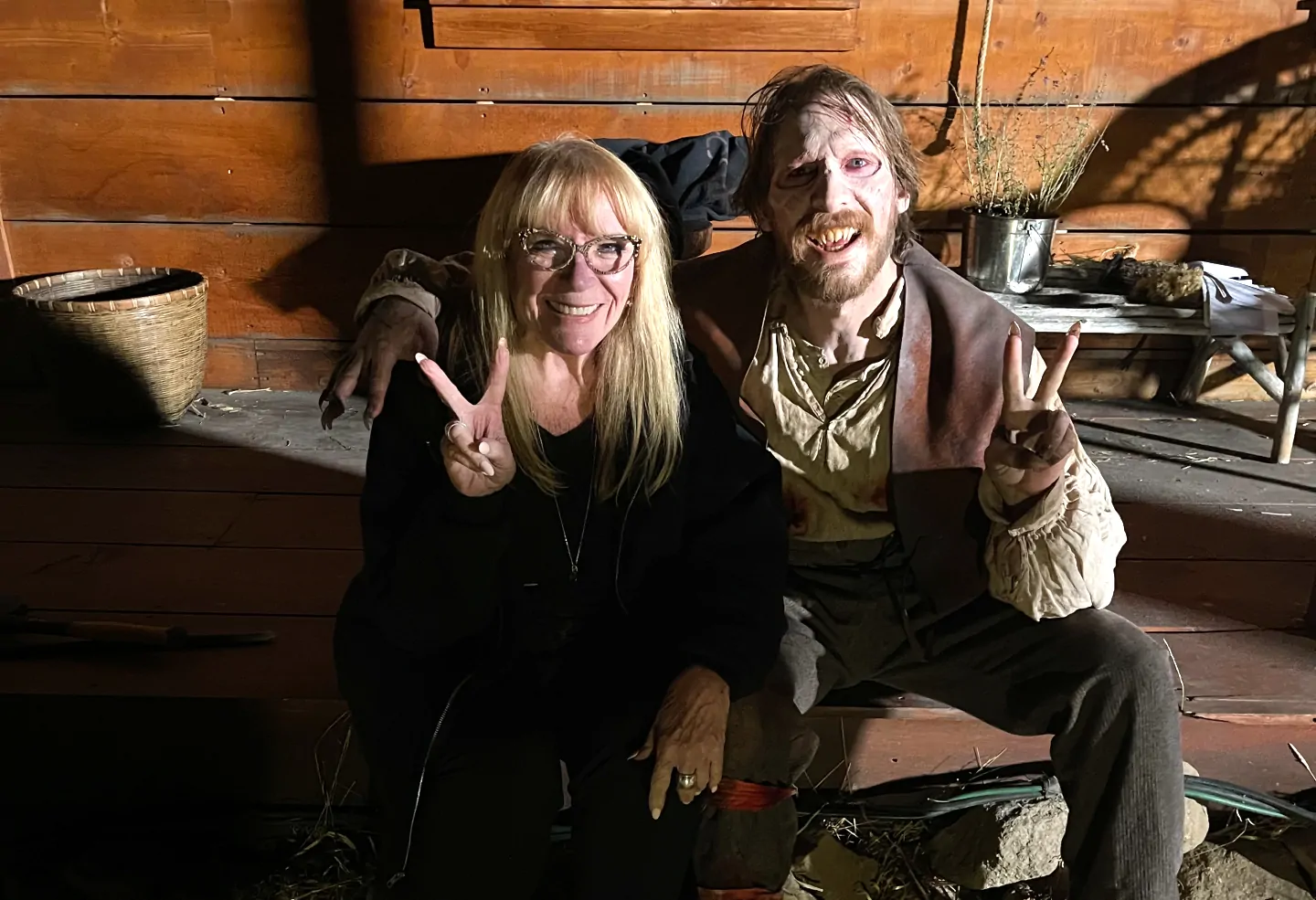 Makeup artist Ve Neill with vampire James Landry Hébert in The Wolf and The Lamb.