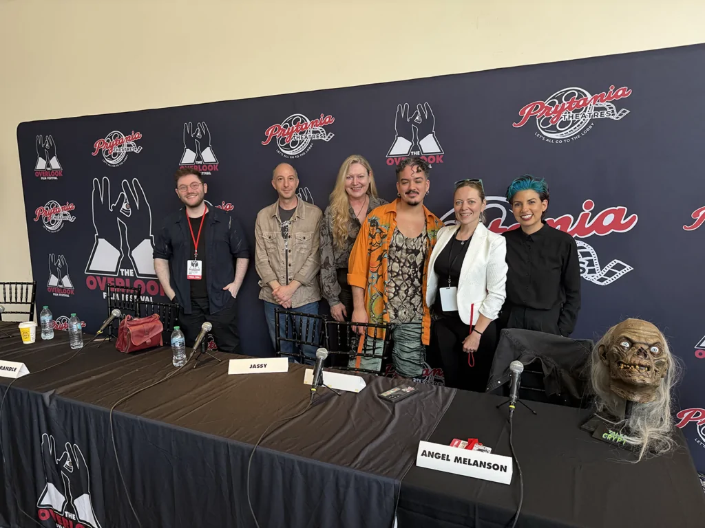 Overlook Film Festival Evan Neiden (Candle House Collective), Ben Blacker (Thrilling Adventure Hour), Marita Crandle (Boutique Du Vampyre), Jassy (Choke Hole), Ash LeTourneau (LA By Night, Overlook Film Festival), Angel Melanson (FANGORIA)