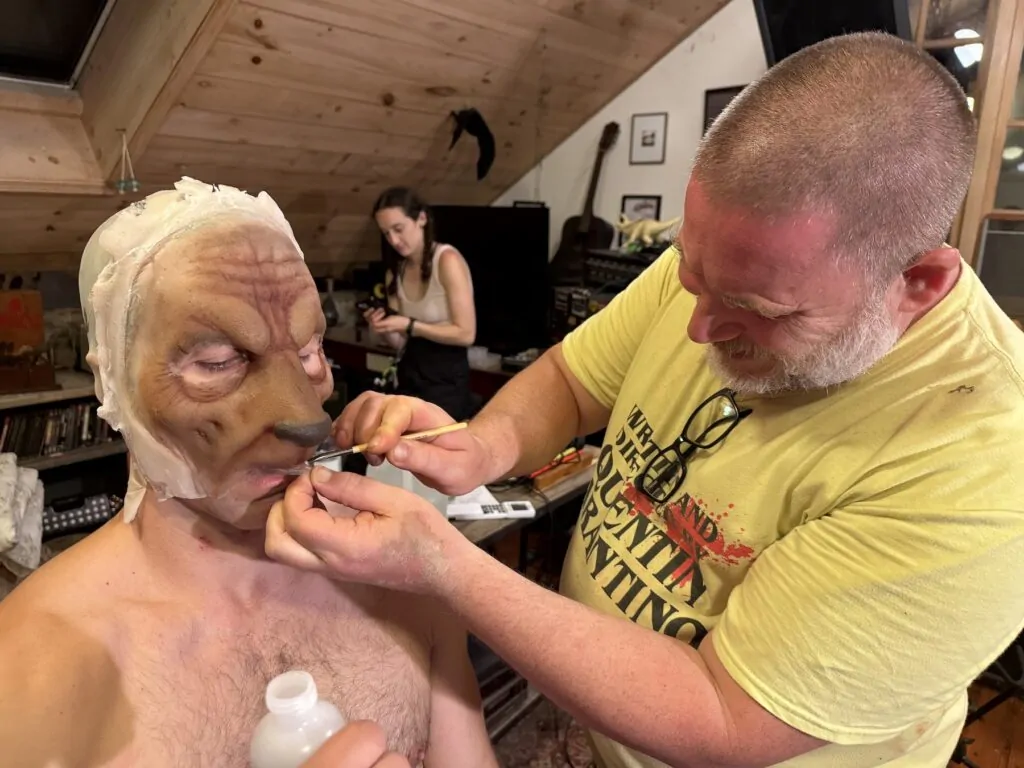 werewolf FX: Brian Spears transforms Alex Hurt on the set of Larry Fessenden's new monster movie TRAUMA, OR MONSTERS ALL