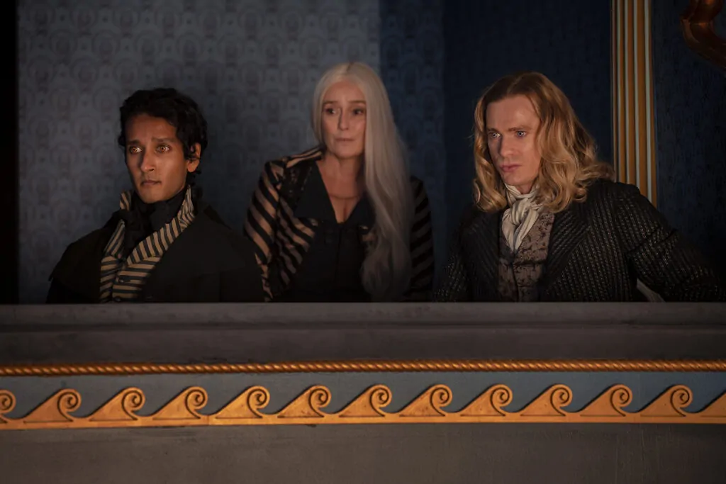 Sam Reid as Lestat De Lioncourt, Assad Zaman as Armand, Jennifer Ehle as Gabriella - Anne Rice's The Vampire Lestat _ Episode 03 - Photo Credit: Sophie Giraud/AMC