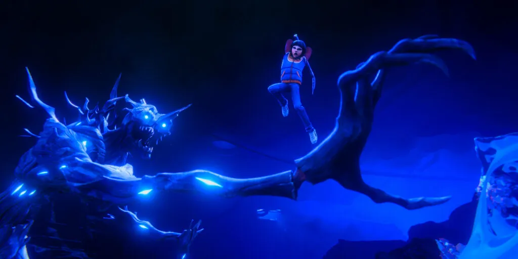 "Animated scene of a young person jumping above a glowing, monstrous creature with large claws in a dark, mystical, blue-lit environment, creating a sense of action and suspense."