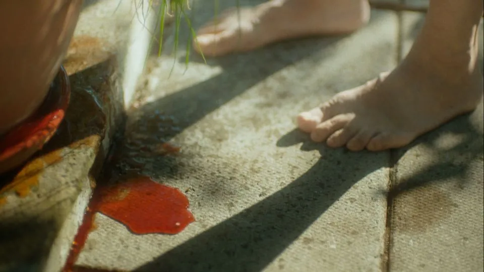 A still from Priscilla Galvez's A FERMENTING WOMAN. Two feet and an ominous looking red puddle.