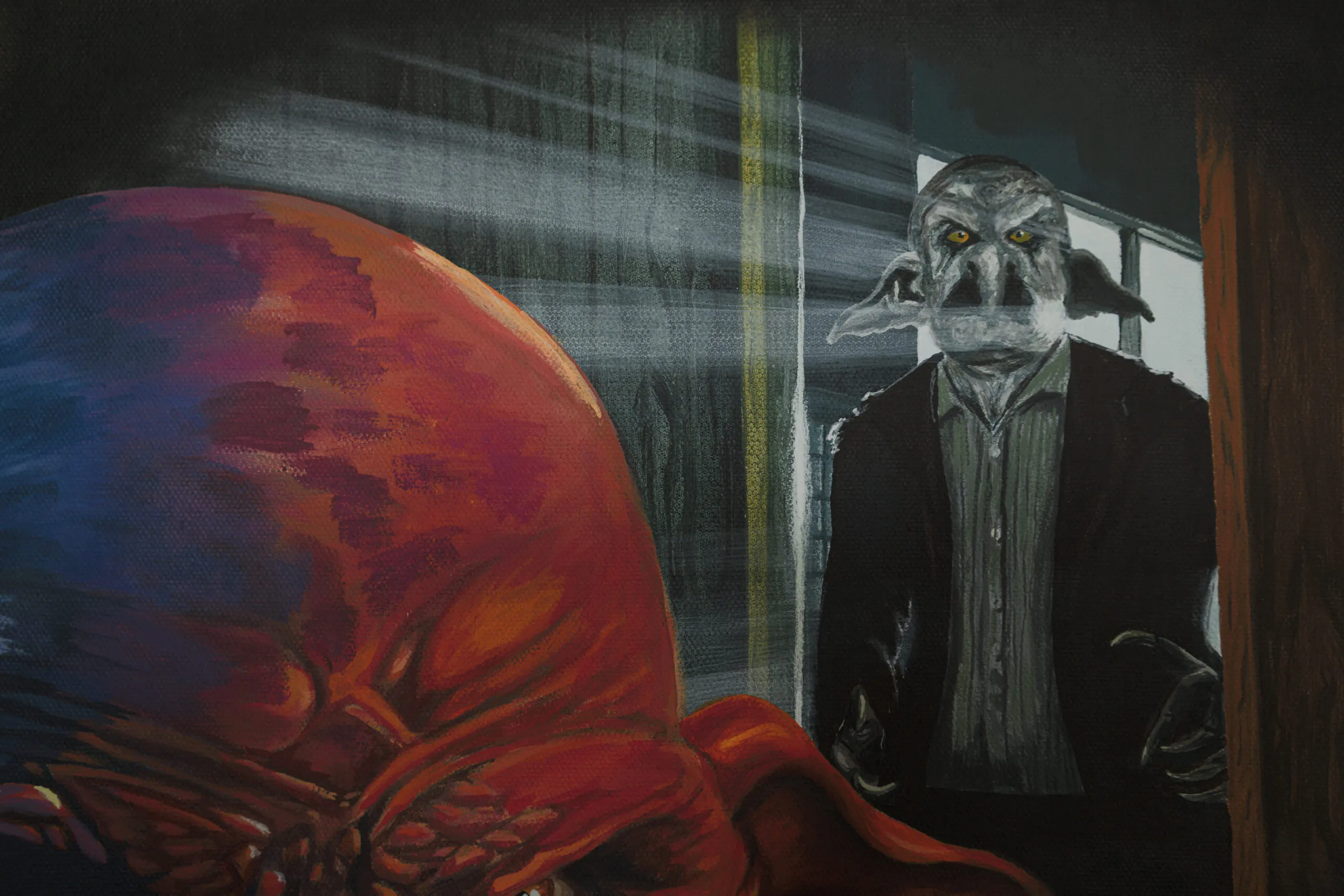 Light detail in a handpainted movie poster for Luke Barnett's GOODBYE, MONSTER