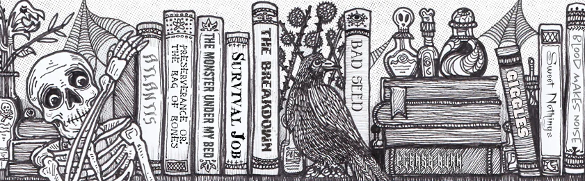 a black and white illustration of a spooky bookshelf