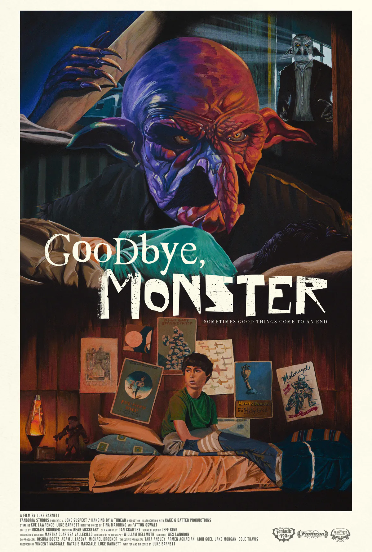 Poster art for Luke Barnett's short horror comedy GOODBYE, MONSTER handpainted by artist JoAnne Mcgrath.