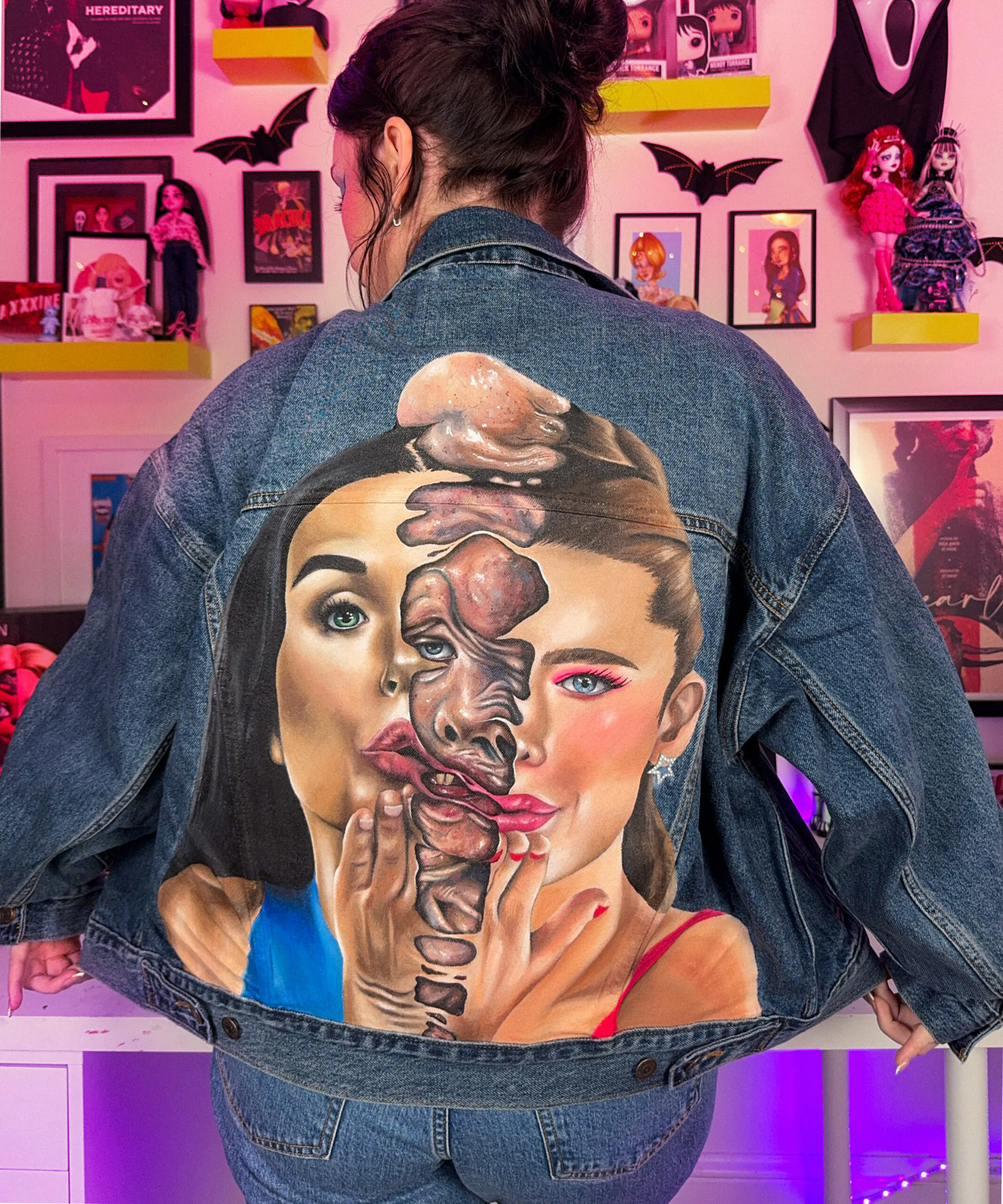 hand painted denim jacket featuring THE SUBSTANCE by artist Tess Givinish