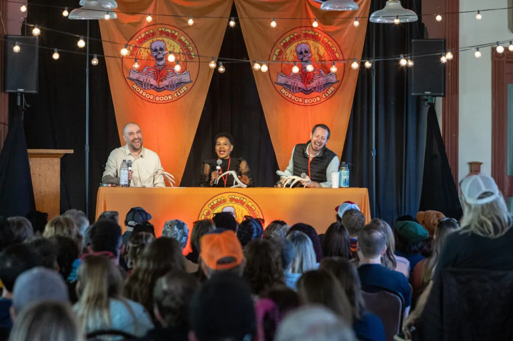 L-R: Jeremy Robert Johnson, Tananarive Due, and Nat Cassidy at Telluride Horror Show.