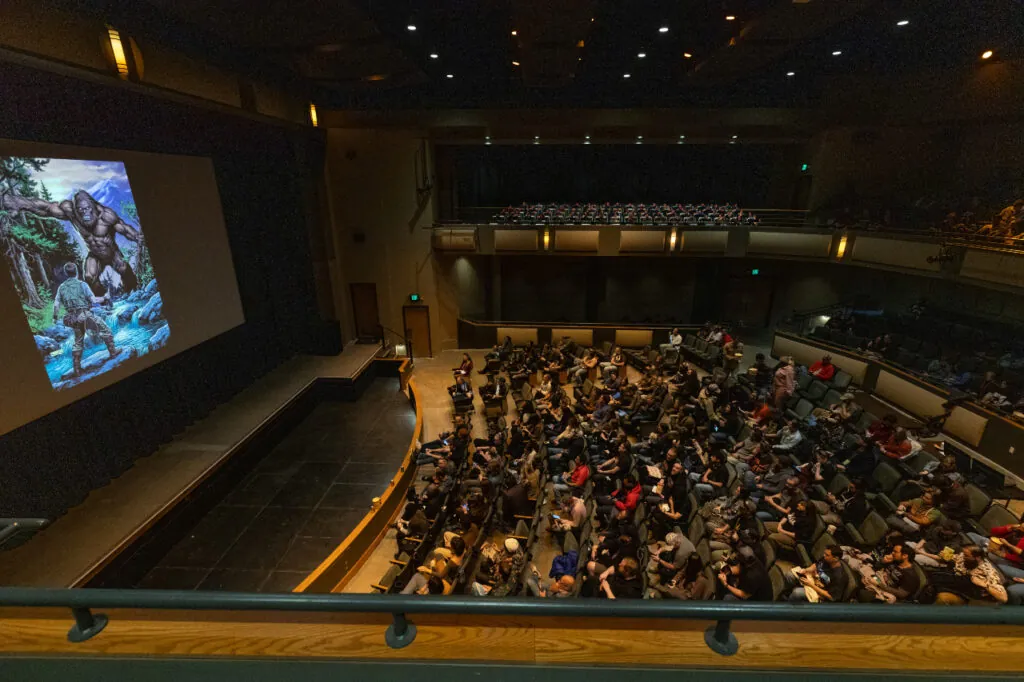 Bird's-eye view of the audience at the Palm Theatre at Telluride Horror Show.